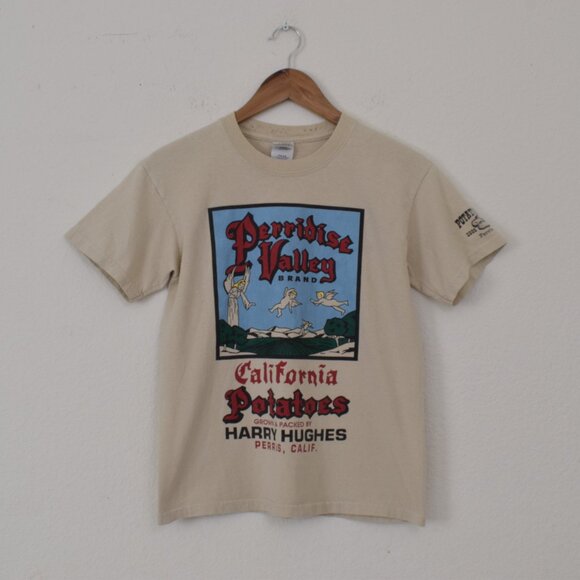 Vintage 00s Beige Scop Neck Tee - Perridise Valley Brand, Potato Festival - Picture 2 of 9